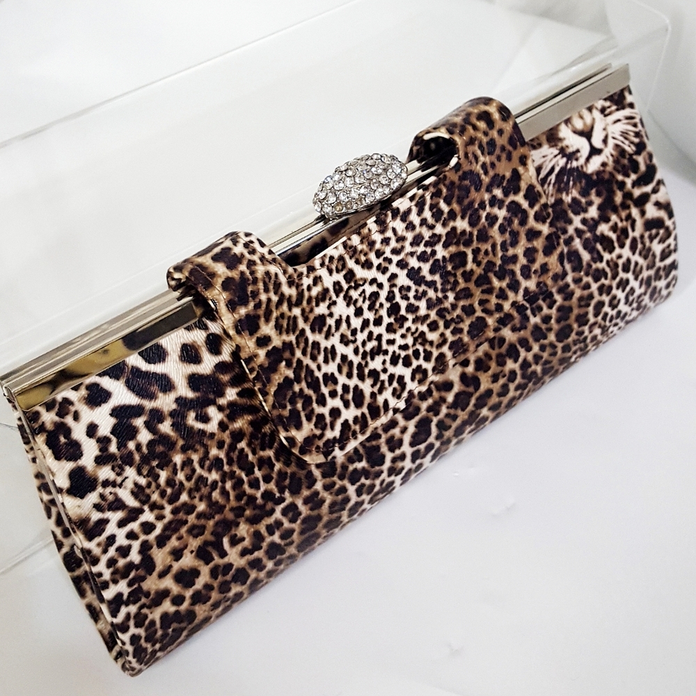 90's-Y2K🔖Brown Leopard Clutch🍂Rhinestone Clip|Silver Top